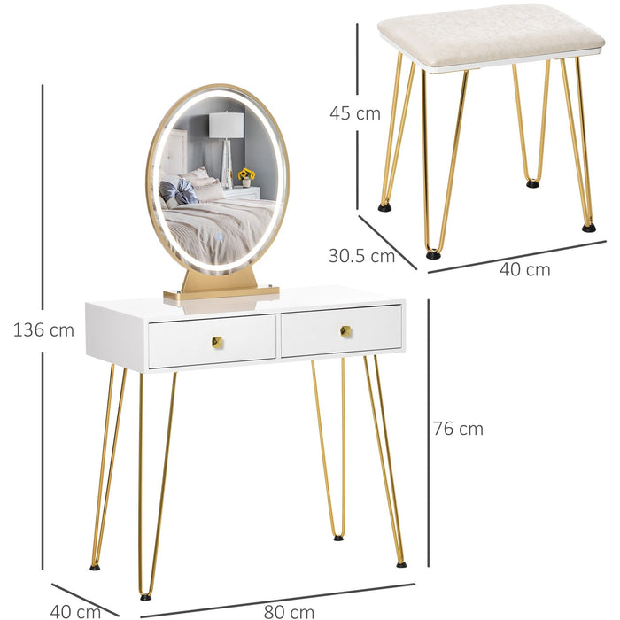 Dressing Table Set, LED, Round Mirror, White