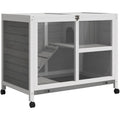 2 Level Indoor Rabbit Hutch With Wheels, Grey Pawhut