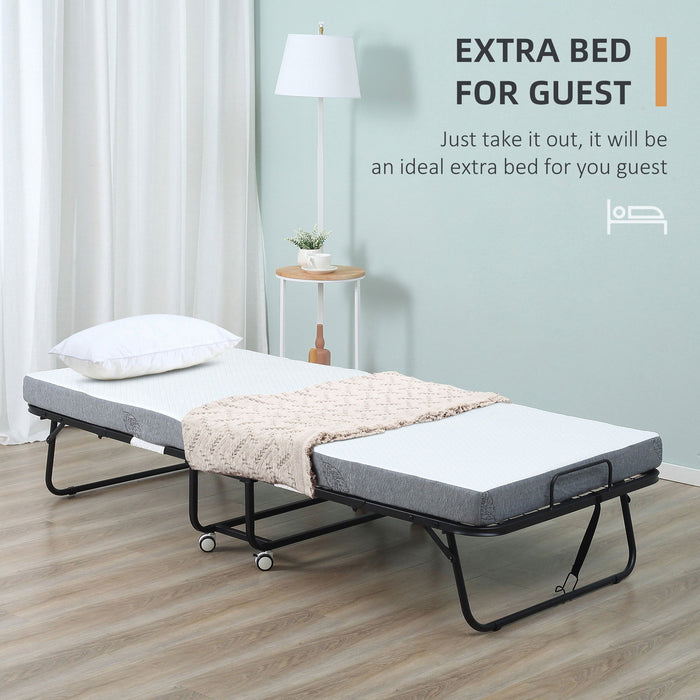 Folding Guest Bed With Mattress, Sturdy Metal Frame, Wheels