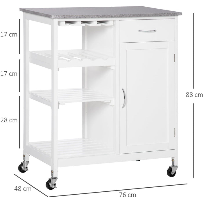 White Kitchen Trolley, Wine Rack, Drawer, Cabinet, Wheels
