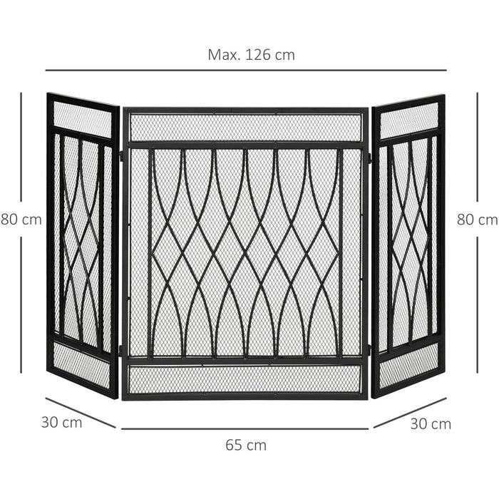 3-Panel Folding Fireplace Screen, Metal Mesh, Black