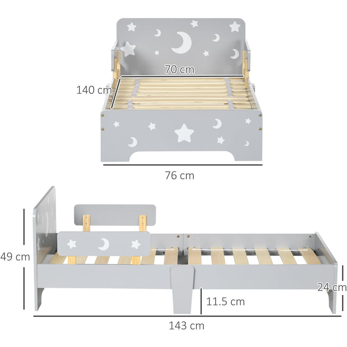 Grey Toddler Bed (3-6 Years): 143x76x49cm, Star & Moon Patterns