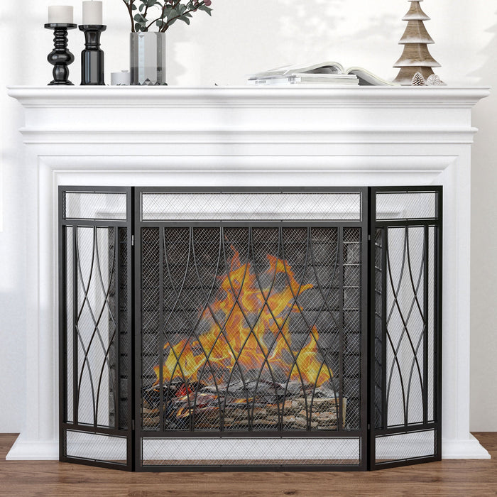 3-Panel Folding Fireplace Screen, Metal Mesh, Black