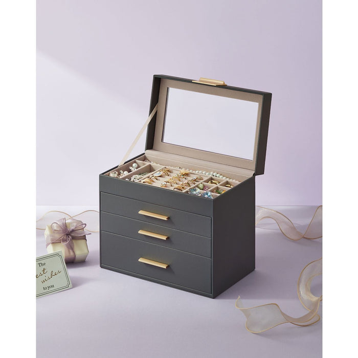 Jewelry Box With Glass Top, Grey And Gold