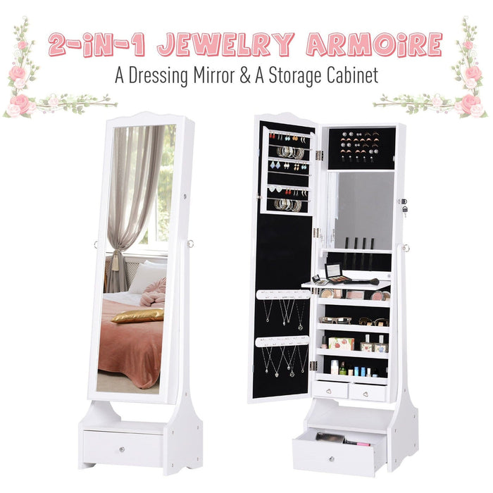 Mirrored Jewelry Cabinet, Full-Length Mirror, Flip-Over Shelf, Lock, White