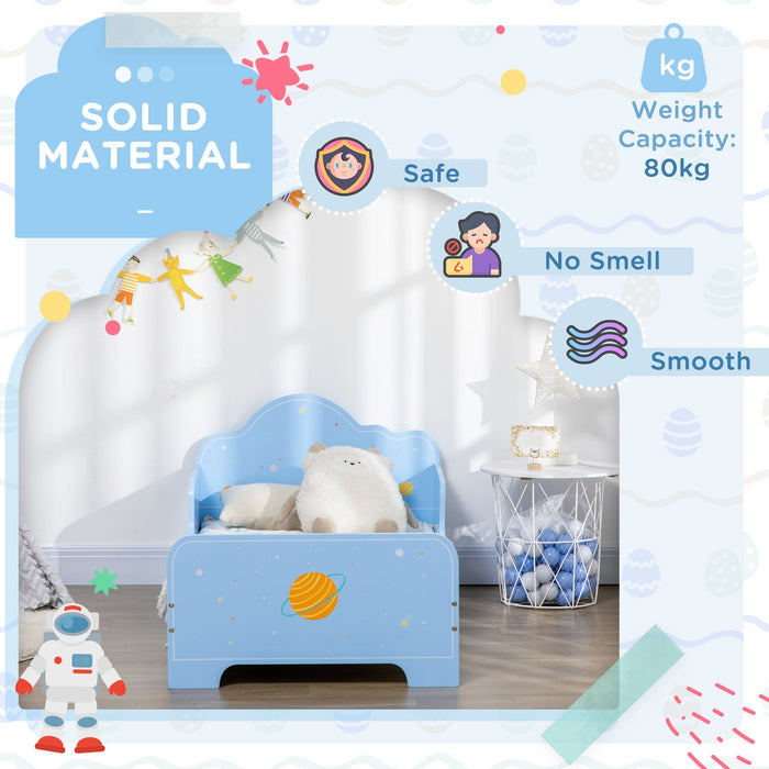 Blue Toddler Bed: Rocket & Plants Patterns, Safety Rails