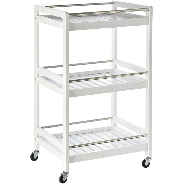 3-Tier Kitchen Storage Trolley, Steel Bars, 4 Wheels, White
