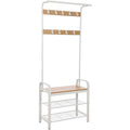 Hallway Coat and Shoe Rack by Vasagle - white steel frame with oak wooden seat, two open shelves for shoes and 9 coat hooks