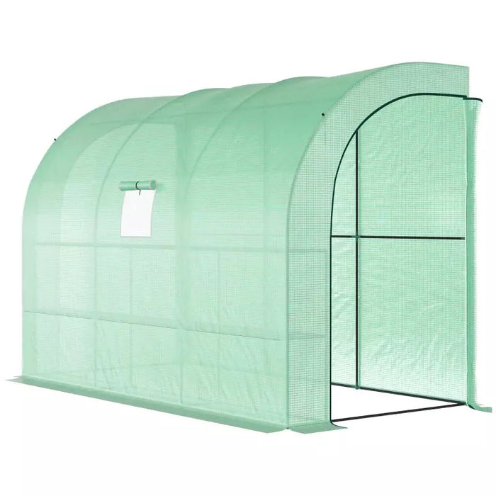 A Picture of a lean to greenhouse with a window on the front and a door on the end