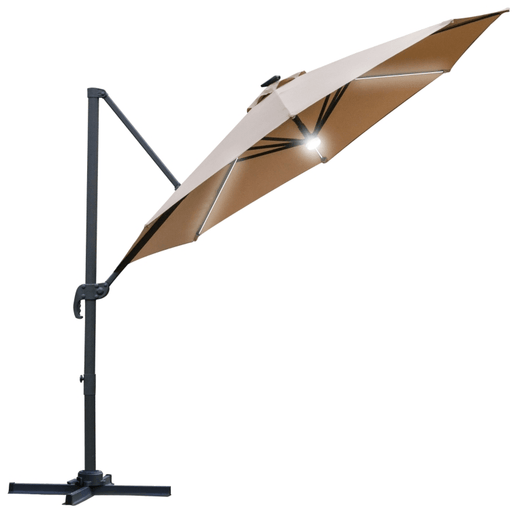 Image of a brown cantilever parasol with solar lights