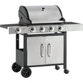 Image of a 4 Burner Gas BBQ with Side Burner With a Black Frame and Stainless Steel Front and Lid.