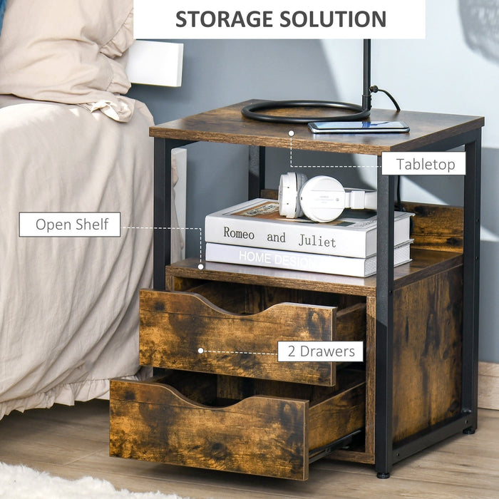 Rustic Industrial Side Table with Drawer, Shelf, Steel Frame