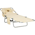 Outsunny Foldable Sun Lounger, Beach Chaise Lounge with Reading Hole, Arm Slots, 5-Position Adjustable Backrest, Side Pocket, Pillow for Patio, Beige Outsunny