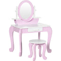 Pink Kids Vanity: Dressing Table, Mirror, Stool, Round Legs Zonekiz