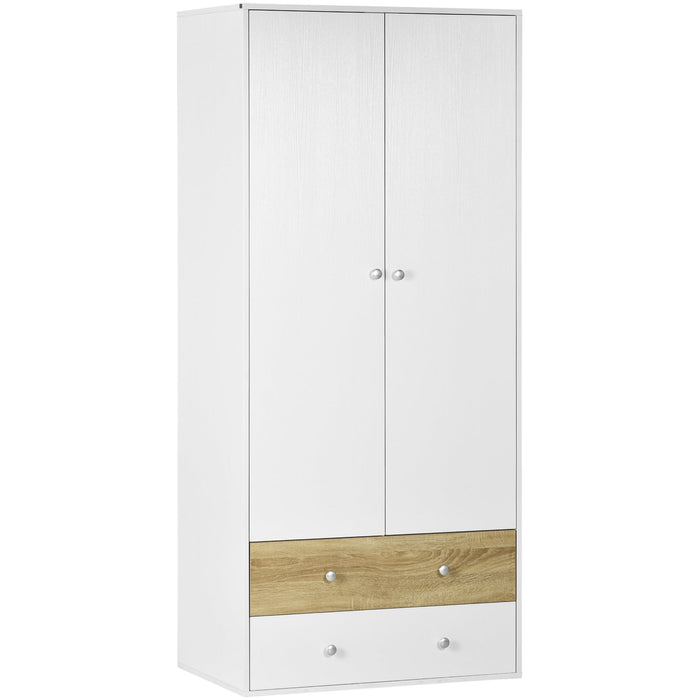 White 2-Door Wardrobe with Drawers & Hanging Rod