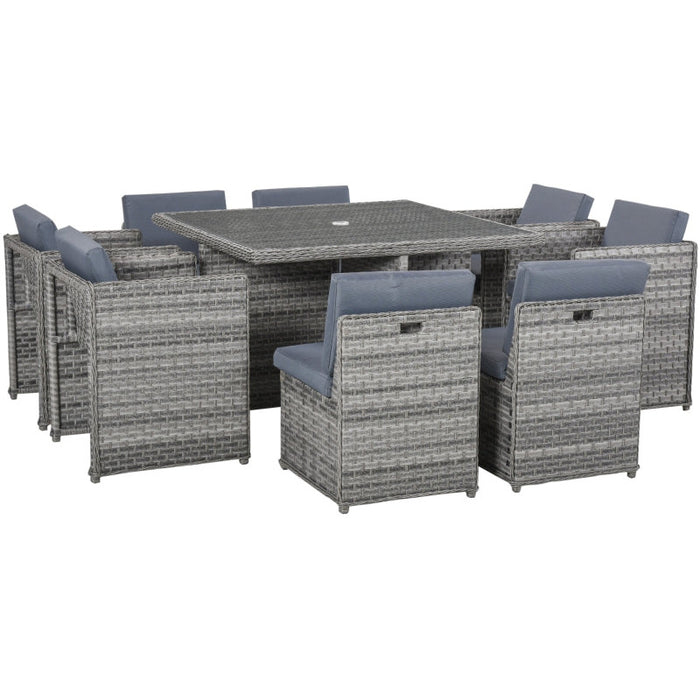 8 Seater Rattan Cube Dining Set with Umbrella Hole - Grey