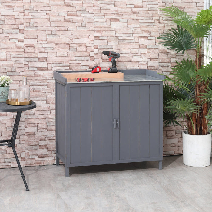 Outdoor Tool Shed & Potting Bench - Galvanized Top - Grey