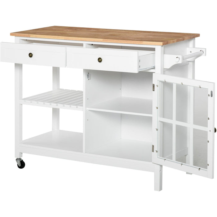 Mobile Kitchen Island, 2 Drawers, Cabinet, Towel Rack, White