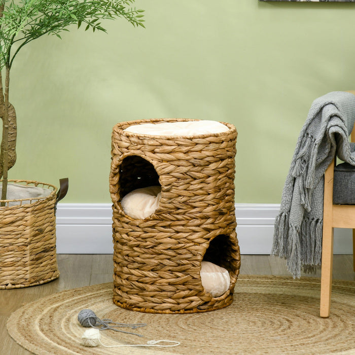 PawHut Indoor Cat Tower with Dual Houses - Light Brown