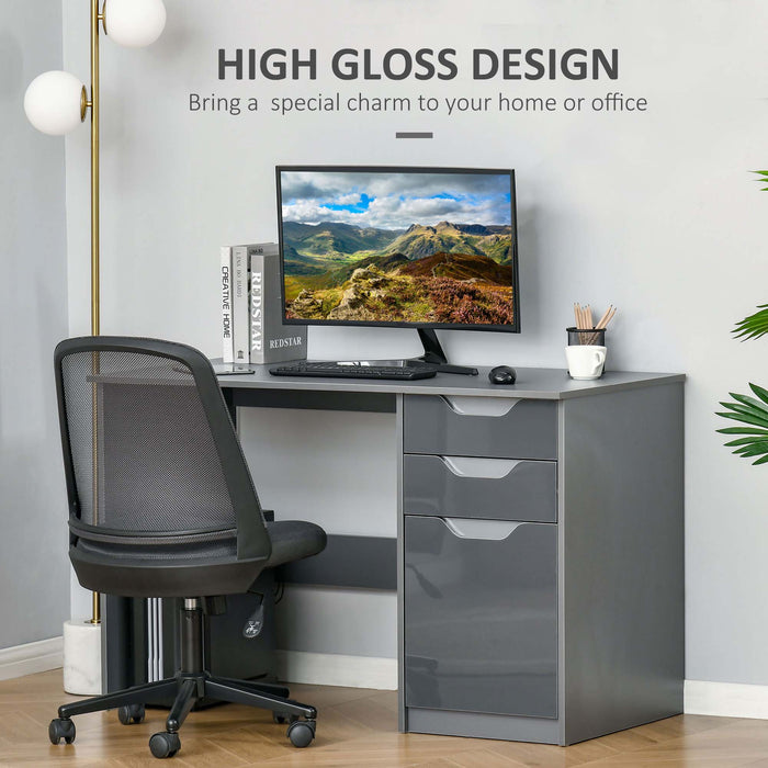 High Gloss Desk With Drawers, Storage Cabinet, Grey