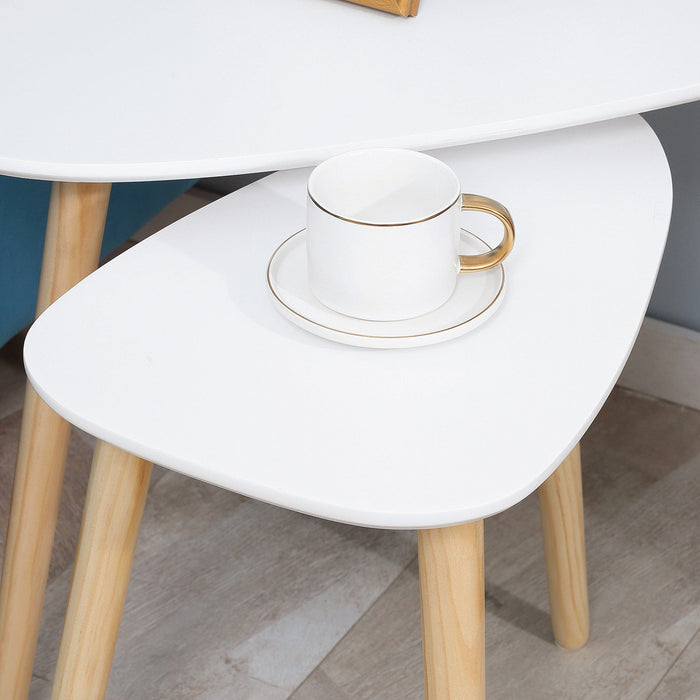 White Modern Side Table Set of 2, Triangular, Wood Legs