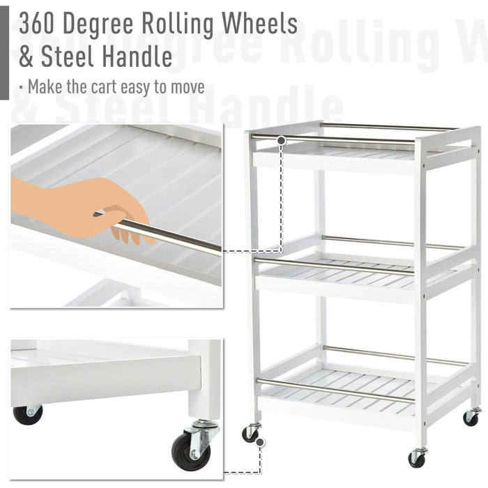 3-Tier Kitchen Storage Trolley, Steel Bars, 4 Wheels, White