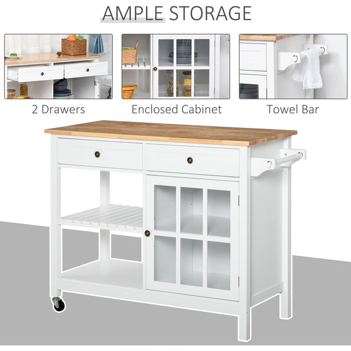 Mobile Kitchen Island, 2 Drawers, Cabinet, Towel Rack, White