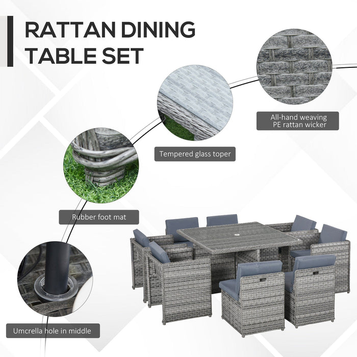 8 Seater Rattan Cube Dining Set with Umbrella Hole - Grey