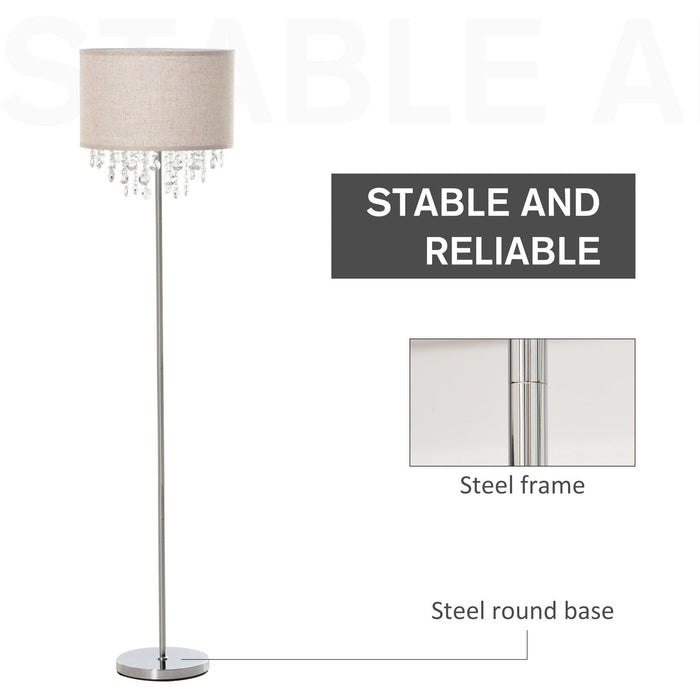 Modern Metal Floor Lamp, Crystal Pendant, Fabric Shade