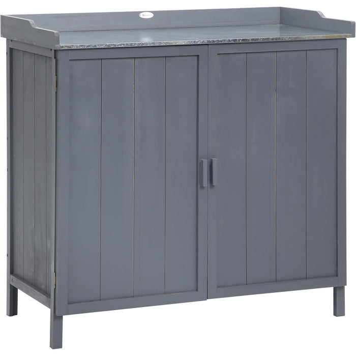 Outdoor Tool Shed & Potting Bench - Galvanized Top - Grey