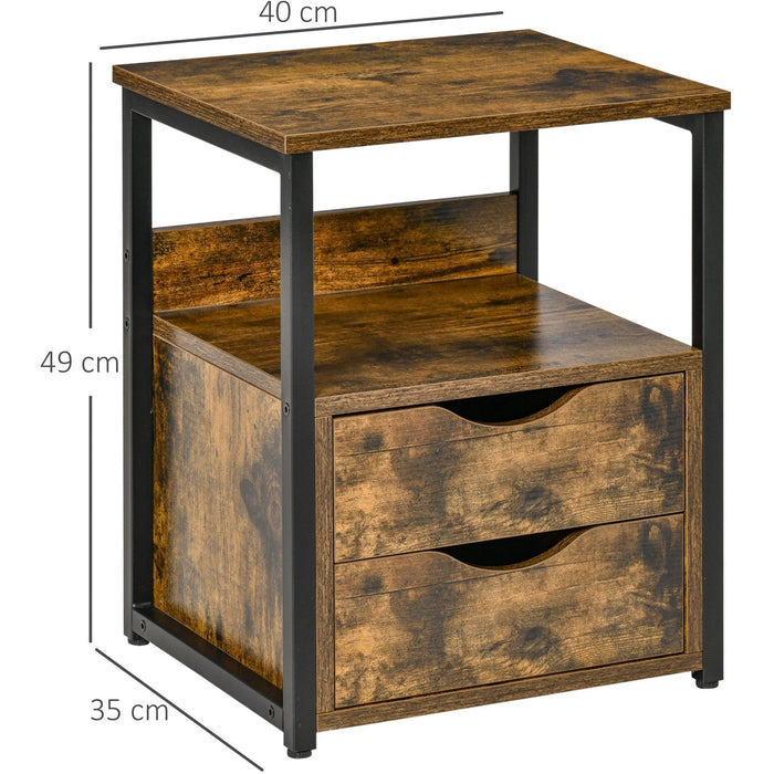 Rustic Industrial Side Table with Drawer, Shelf, Steel Frame