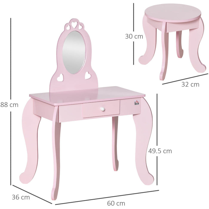 Kids Dressing Table and Stool Set with Mirror, Pink