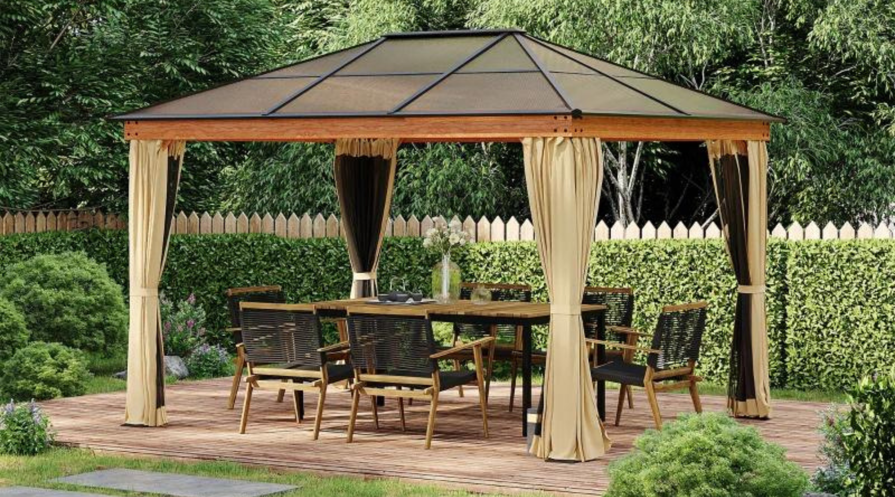 A contemporary garden gazebo with a polycarbonate roof and side curtains