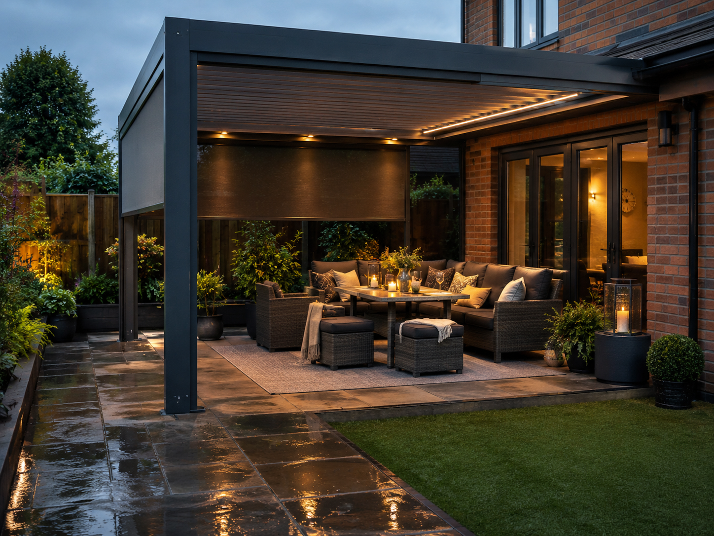 Modern wall-attached aluminium pergola on a UK patio with rattan furniture, outdoor cushions and string lights underneath
