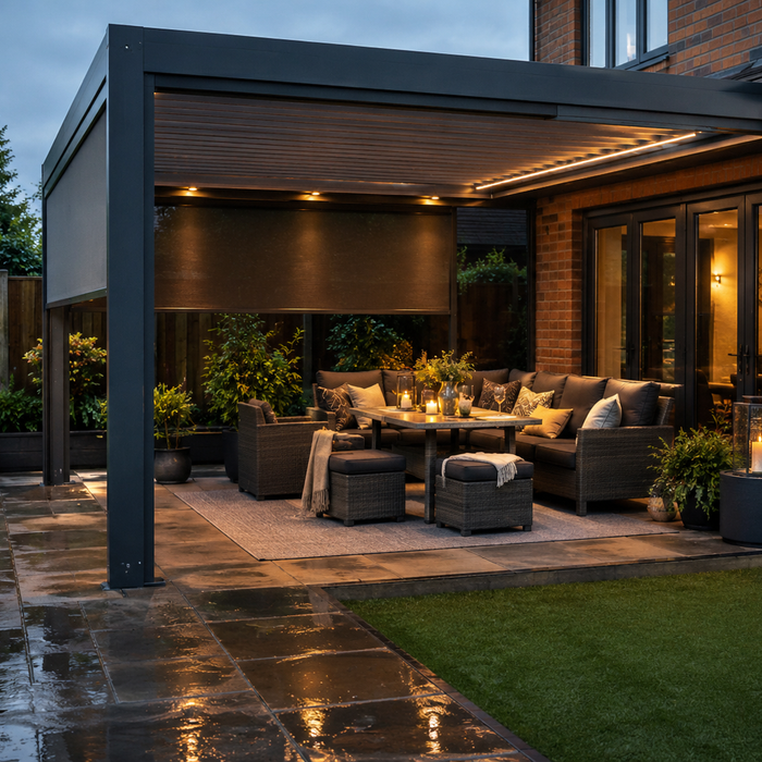 Modern wall-attached aluminium pergola on a UK patio with rattan furniture, outdoor cushions and string lights underneath