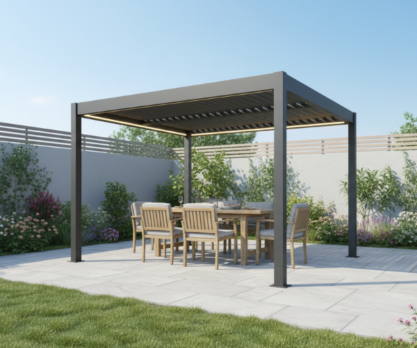 Grey 3x3m aluminium pergola with louvered roof set on a patio with a modern garden furniture beneath