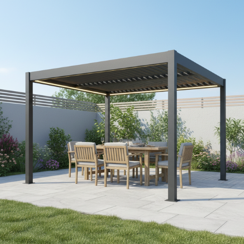Grey 3x3m aluminium pergola with louvered roof set on a patio with a modern garden furniture beneath