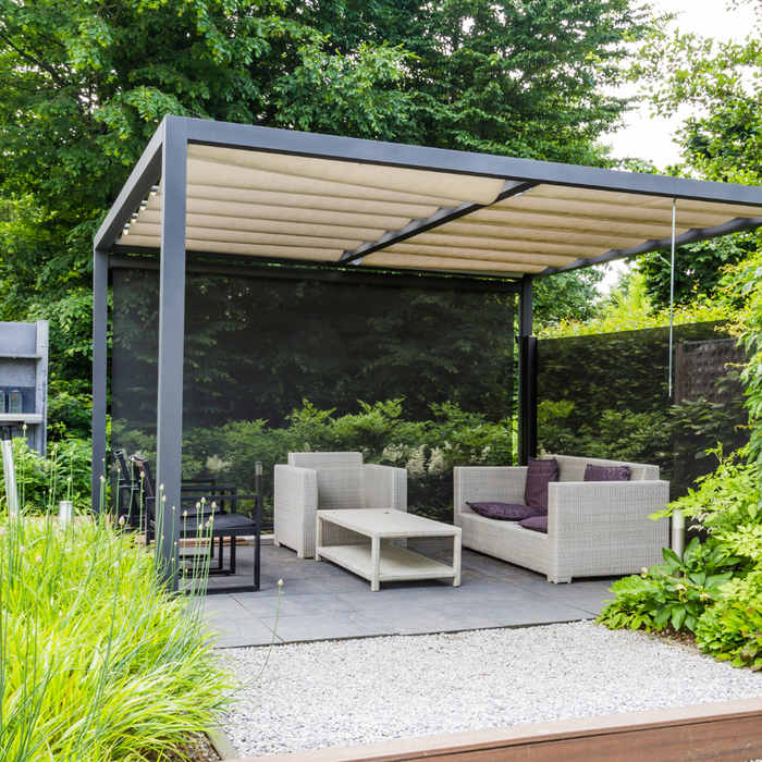 Image of a cosy patio scene with a pergola and patio furniture
