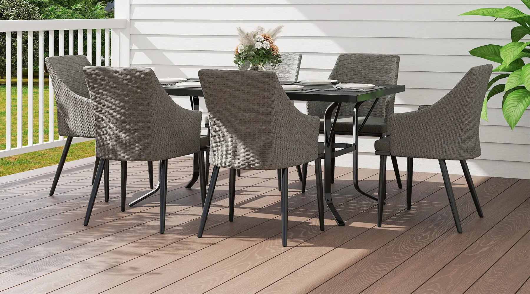 Outsunny 6 Seater Patio Dining Set With Rectangular Table Grey