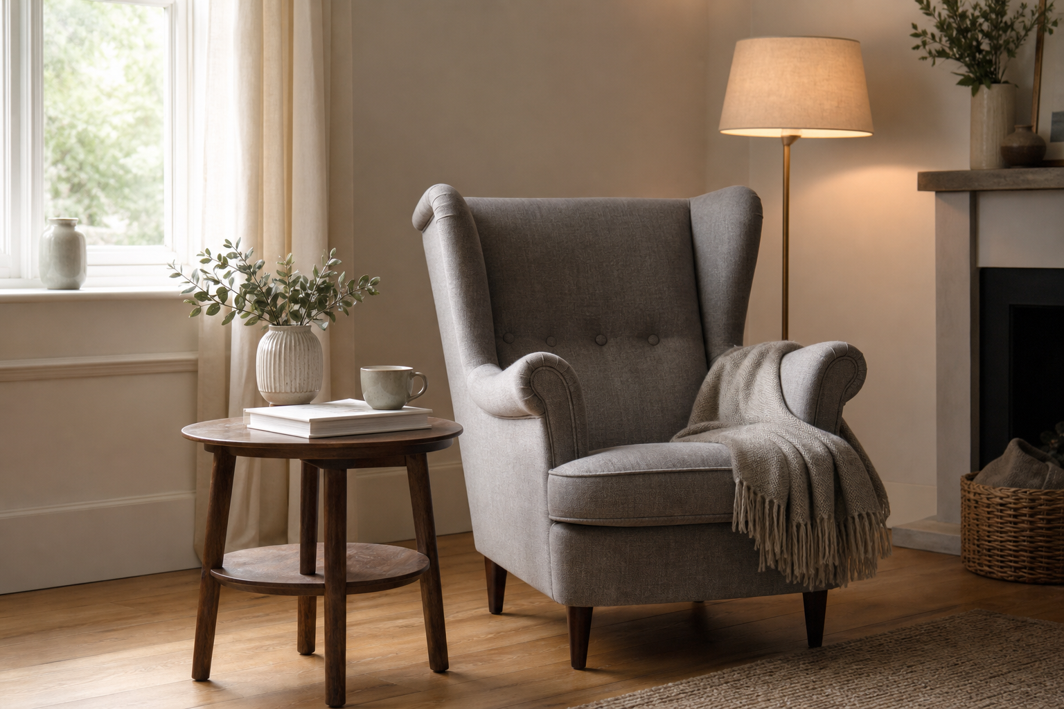 Grey wingback accent chair styled in the corner of a UK living room with a side table and floor lamp