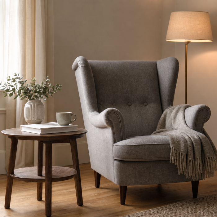 Grey wingback accent chair styled in the corner of a UK living room with a side table and floor lamp