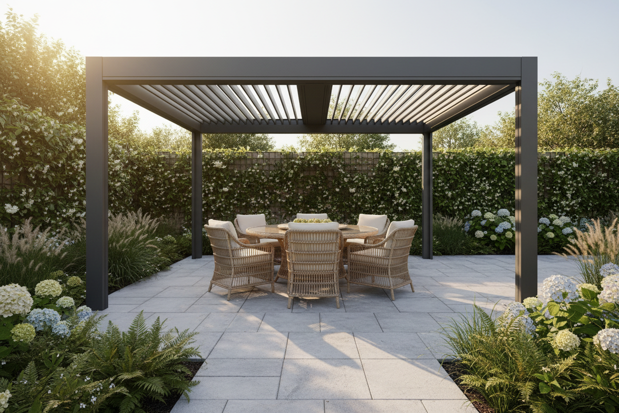 Modern aluminium pergola with louvred roof over a rattan dining set on a patio, warm afternoon sunlight filtering through the slats