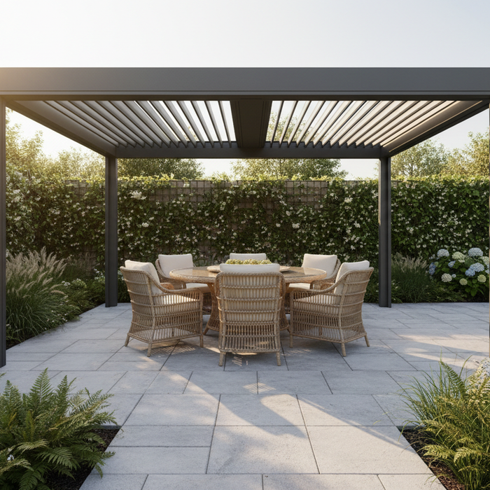 Modern aluminium pergola with louvred roof over a rattan dining set on a patio, warm afternoon sunlight filtering through the slats