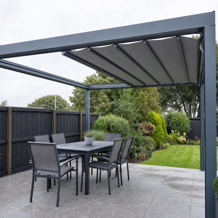 Aluminium pergola with retractable canopy roof on a patio in a UK garden