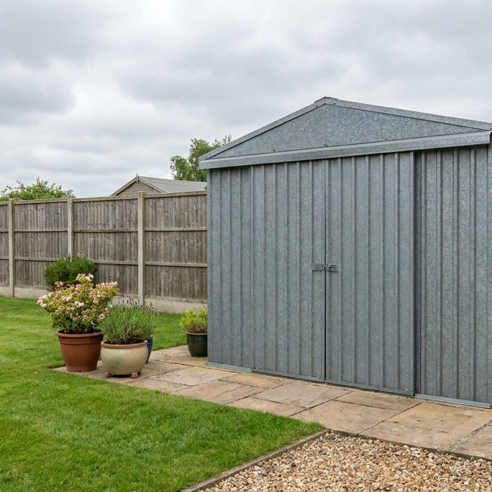 Grey apex-roof metal garden shed in a tidy UK back garden