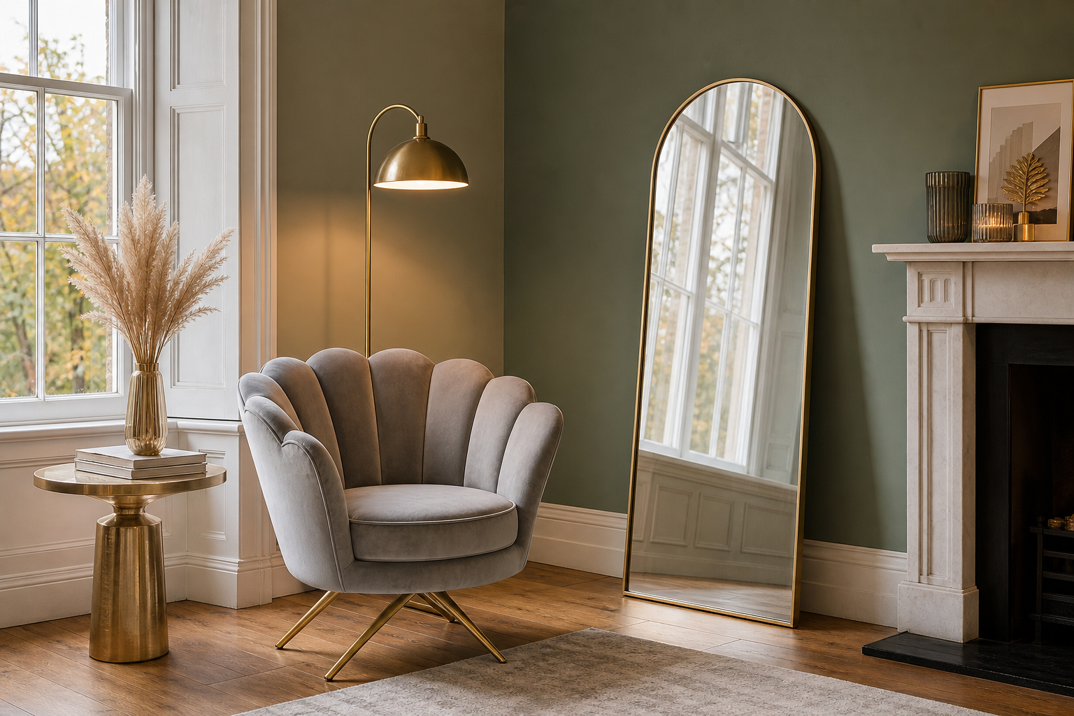 Art Deco-inspired living room styled with a velvet gold-leg accent chair, brass lamp and arched gold mirror