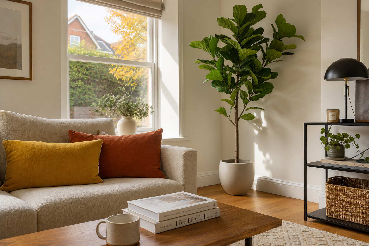 Large artificial fiddle leaf fig tree styled in the corner of a bright autumn UK living room