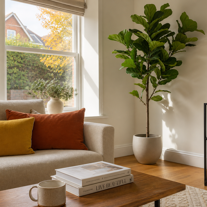 Large artificial fiddle leaf fig tree styled in the corner of a bright autumn UK living room