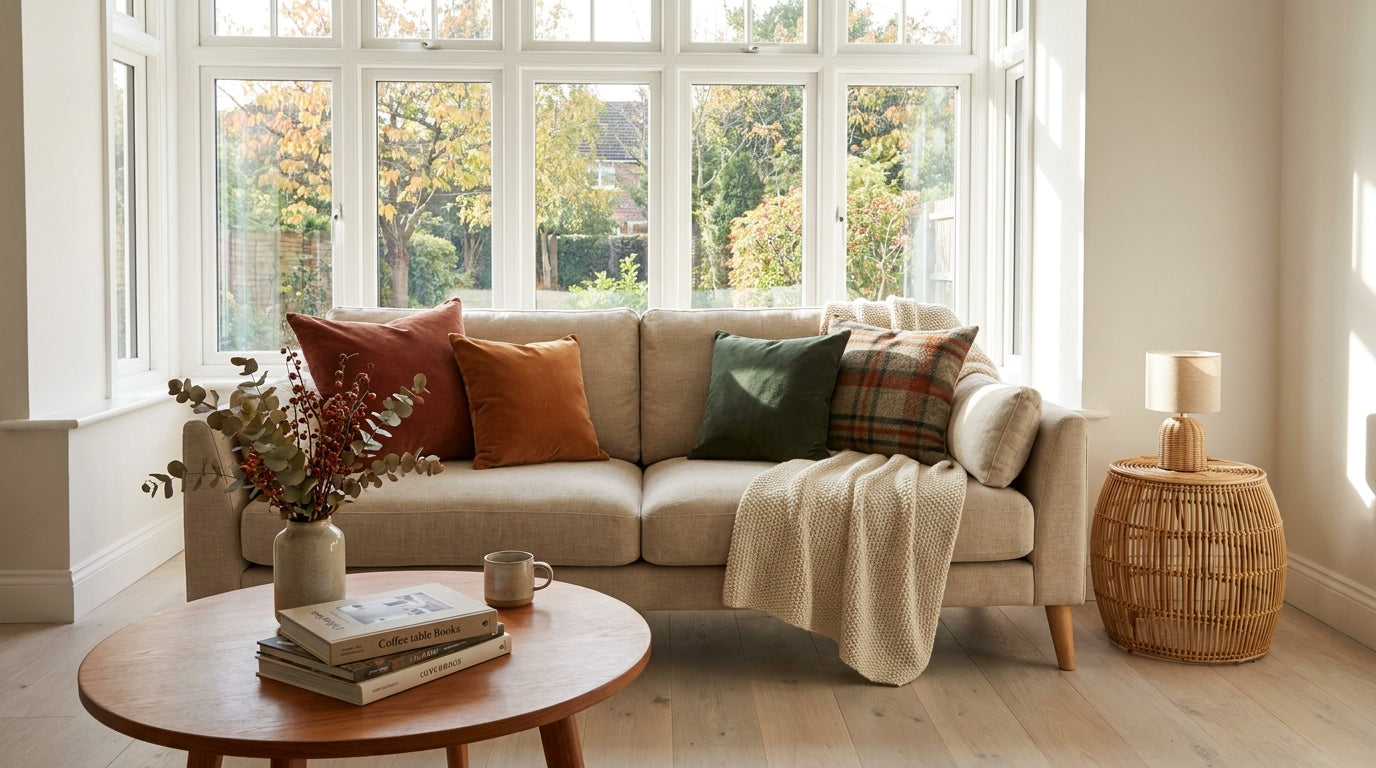 Bright UK living room styled with terracotta, cinnamon and olive tones for the Autumn 2026 home and garden trends