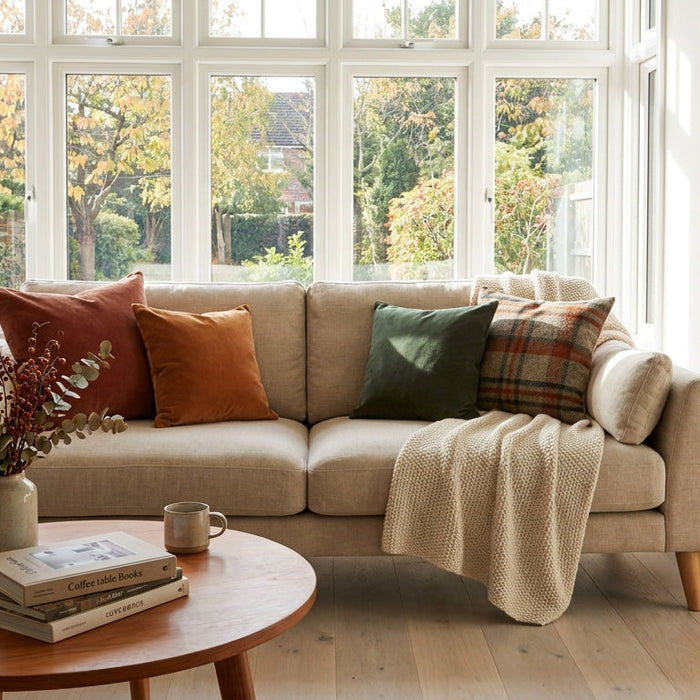 Bright UK living room styled with terracotta, cinnamon and olive tones for the Autumn 2026 home and garden trends